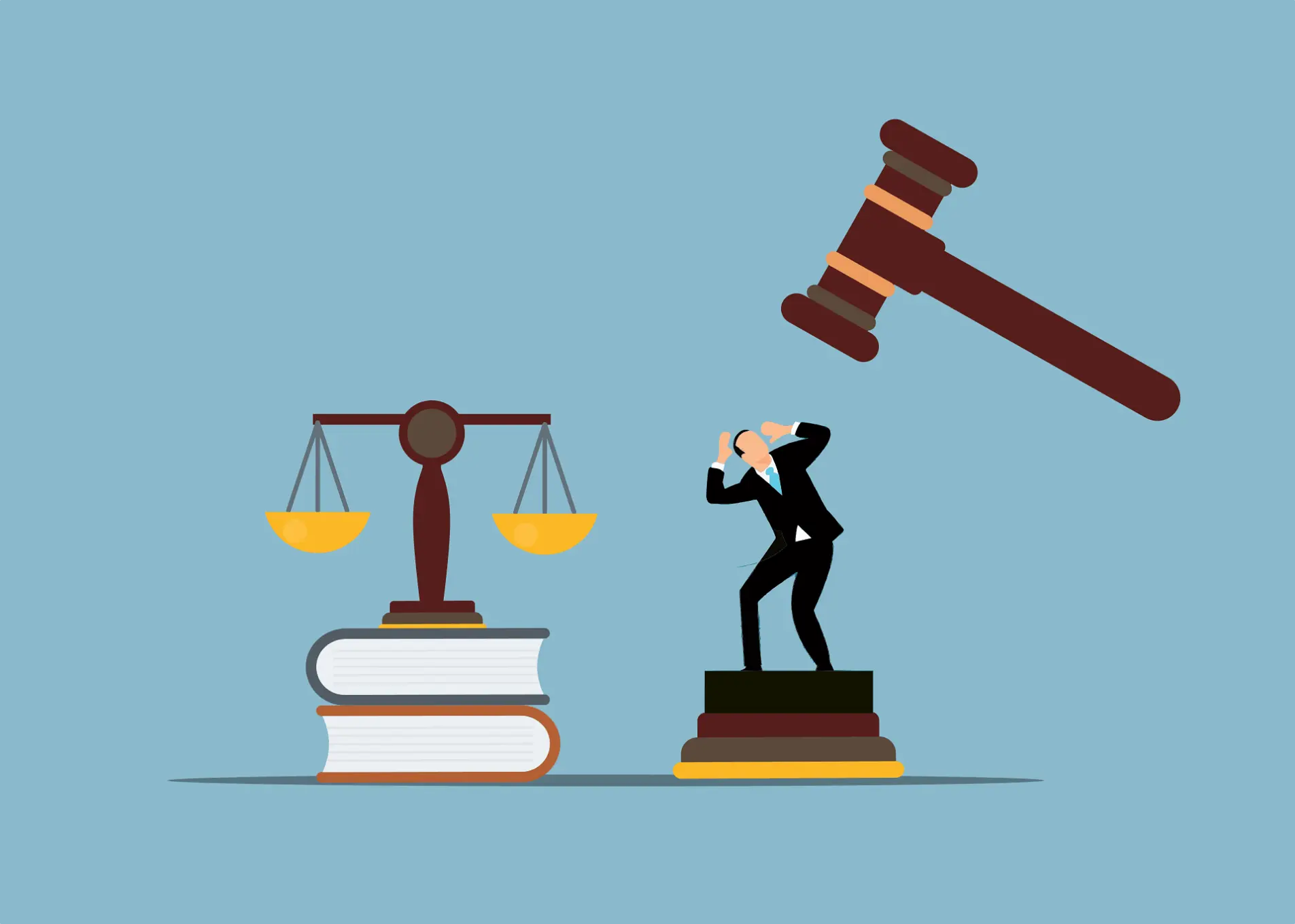 mazo de justicia amenazando a persona junto a una balanza sobre unos libros