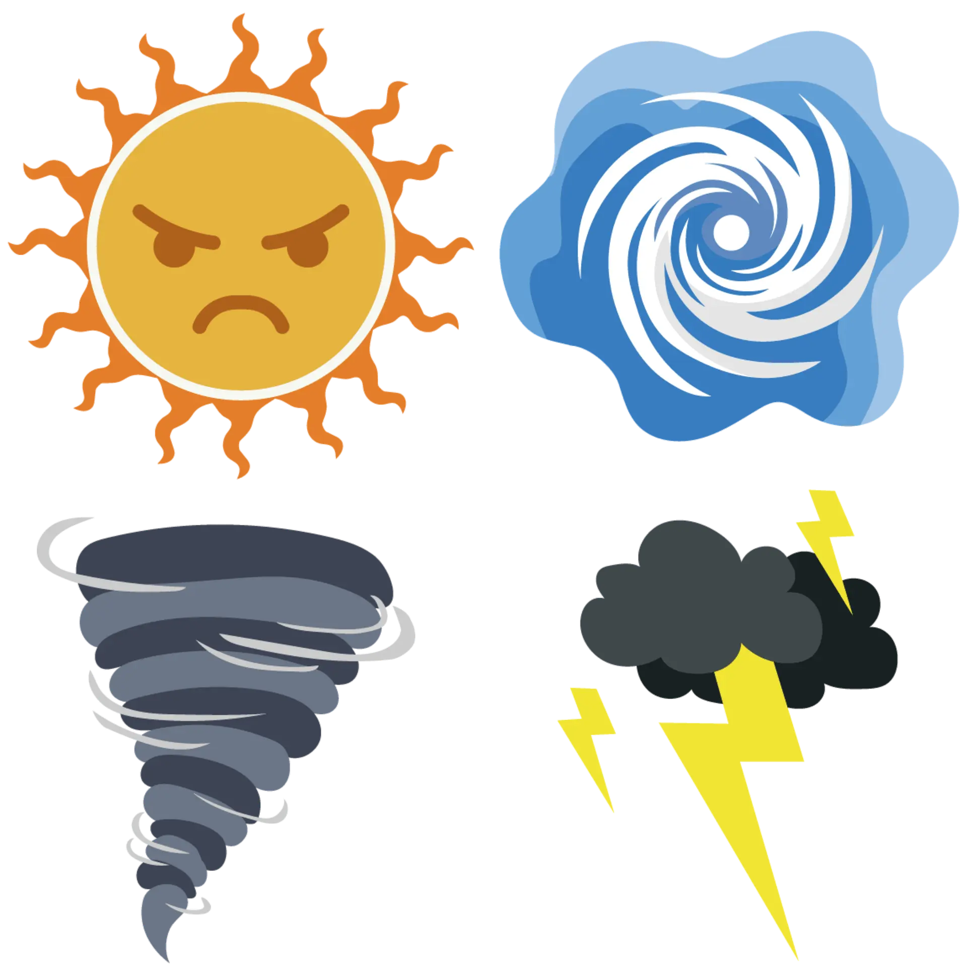 dibujos de un sol, un remolino en el agua, un tornado y un rayo