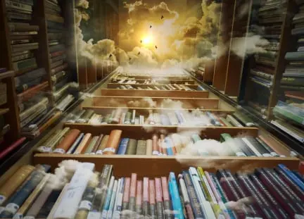 imagen de una estantería de libros en perspectiva desde abajo mirando a un cielo con nubes y un sol brillando